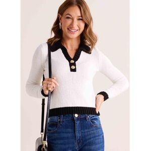 endless rose | NEW Johnny Collar White Black Long Sleeve Polo Sweater Large